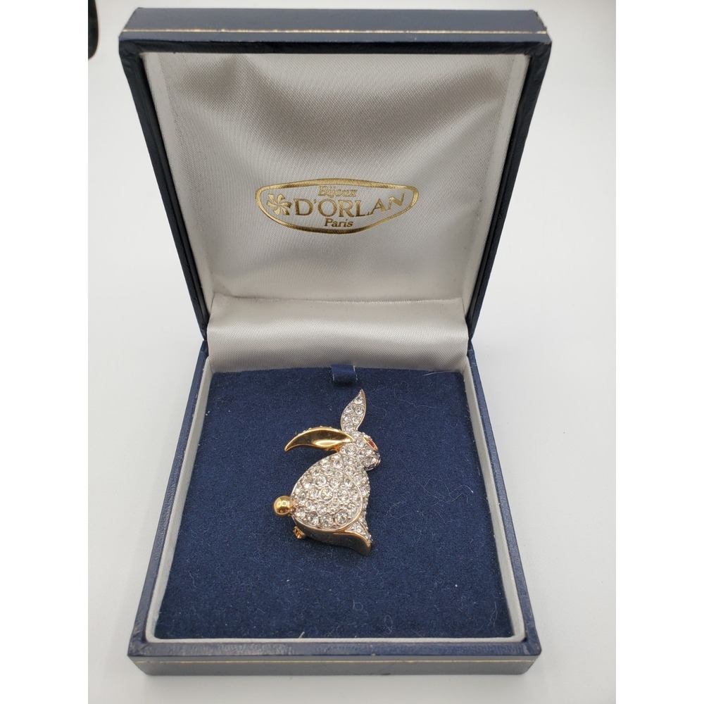 Vtg D'Orlan Paris Gold Tone Crystal Red Eye Bunny Rabbit Estate Brooch w Box